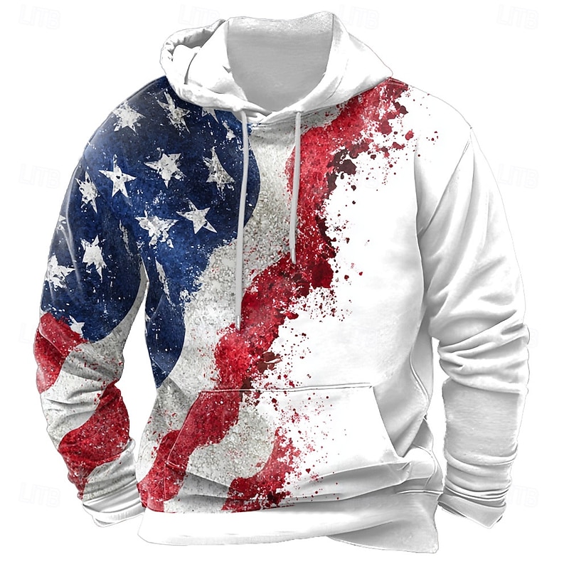Independence Day Men's American US Flag Hoodies Sweatshirt Casual Long Sleeve Crew Neck Holiday Hunting White 1 White Drawstring Graphic Fall Winter Designer2