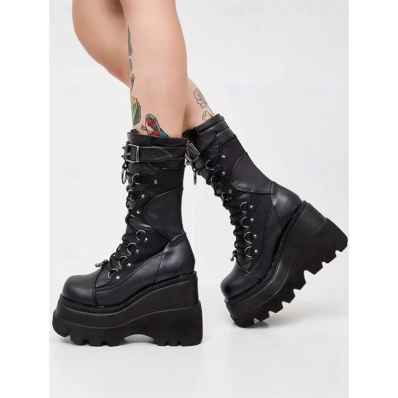Women's White Platform Combat Boots, Lace-Up Mesh Panel High Ankle Boots with Buckle Straps, Edgy Streetwear Style for Nightlife and Party Looks