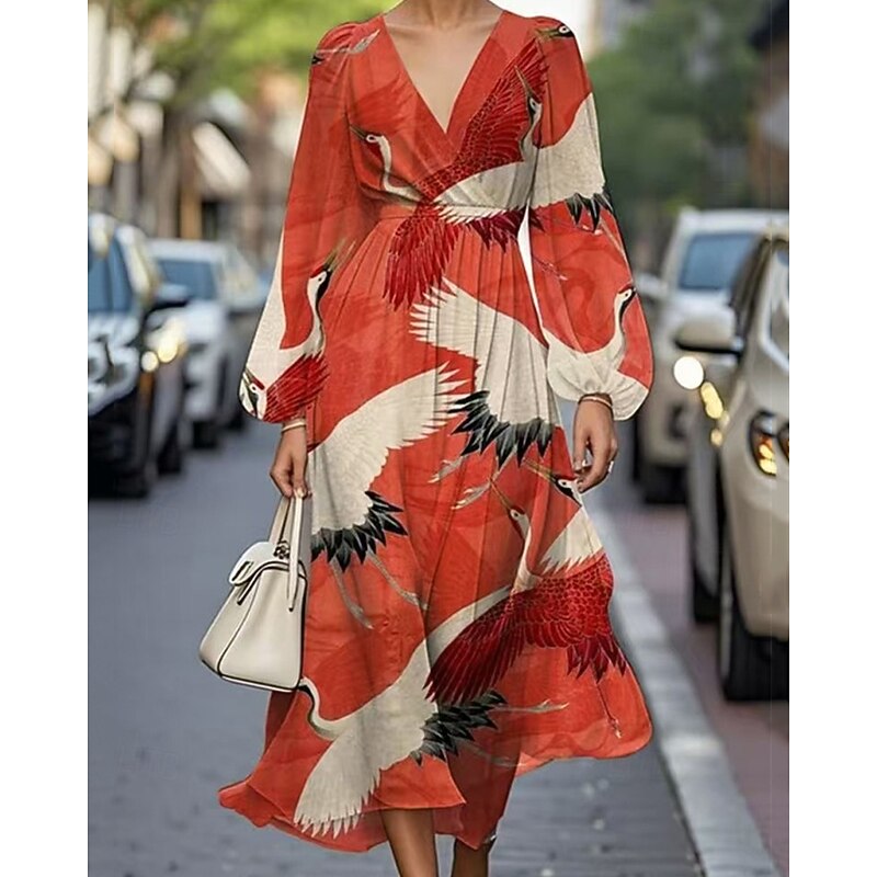 Women's Midi Dress Casual Dress Print Dress Elegant Fashion Outdoor Party Holiday Regular Fit Flower Long Sleeve V Neck Black Orange Light Blue Summer Spring2