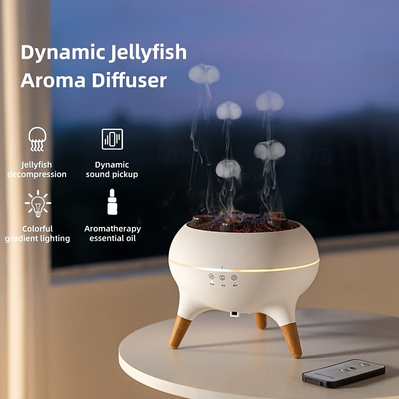 3D Dynamic Jellyfish Cloud Mushroom Dance Spray Aromatherapy Machine Desktop Flame Humidifier Household Heavy Fog Colorful Light Remote Control Equipped With Five Motors For Gift Giving Family Office