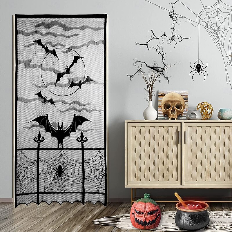 Halloween Scary Witch Front Door Curtain Decoration, Halloween Broomstick Bats Flying Jagged Bottom DisplayDoor Cover3