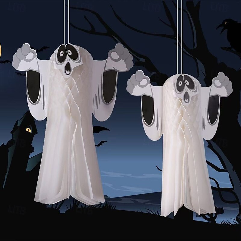 2PCS Halloween Hanging Ghost Decorations, White Ghost Pendants for Indoor Outdoor Use, Spooky Halloween Atmosphere Decor for Haunted House or Party