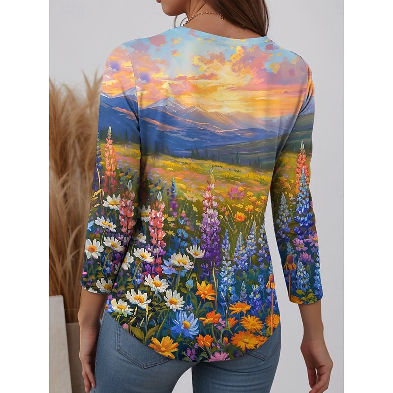 Women's T Shirt Graphic Scenery Fashion Modern Casual Long Sleeve Crew Neck Round Neck Regular Tops Daily Weekend Print Pink Red Blue Orange Spring Fall Winter2