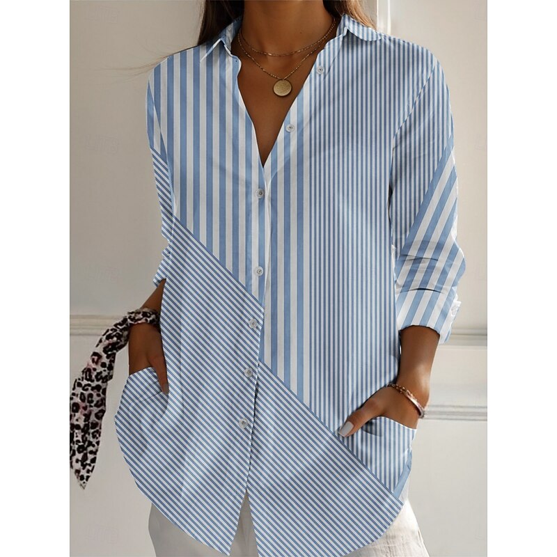 Women's Shirt Striped Active Daily Stylish Long Sleeve Shirt Collar Regular Tops Daily Holiday Buttons Print Blue Purple Green Khaki Gray Spring Fall