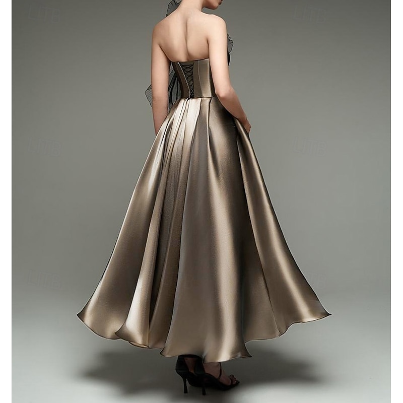 A-Line Cocktail Dresses Elegant Gown Formal Wedding Tea Length Midi Length Sleeveless Strapless Organza with Shouder Flower and Pockets3