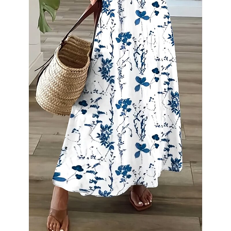 Women's Maxi Dress Casual Dress Sundress A Line Dress Elegant Vacation Casual Holiday Beach Regular Fit Floral Graphic Short Sleeve V Neck White Navy Blue Summer Spring3
