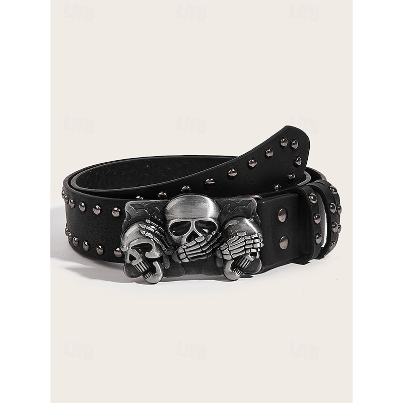Men's Skull Studded Leather Belt with Skeleton and Crossbones Design, Vintage Gothic Style for Halloween Parties, Punk Fashion and Casual Wear