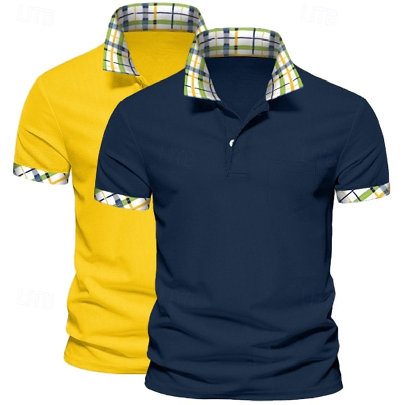 Men's Solid Color Plaid Color Block Polo Shirts Golf Shirt Short Sleeve Lapel Casual Sports & Outdoor Business Casual 2 Piece Buttons Summer Spring Spring &  Fall Dark Blue+White White+Yellow4