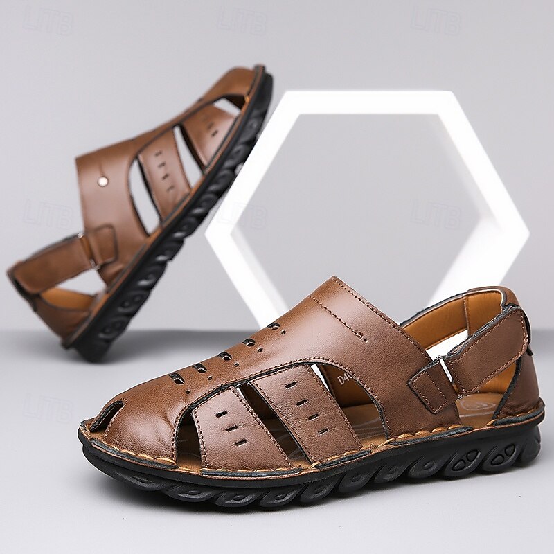 Men's Brown Faux Leather Closed-Toe Sandals Breathable Cut-Out Design with Anti-Slip Sole Ideal for Summer Walking Outdoor and Casual Use2