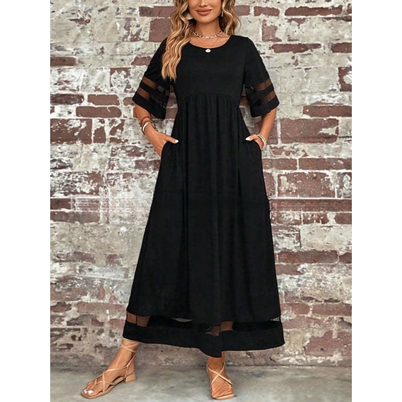 Women's Maxi Dress A Line Dress Summer Dress Casual Daily Regular Fit Plain Half Sleeve V Neck Black Wine Green Summer3