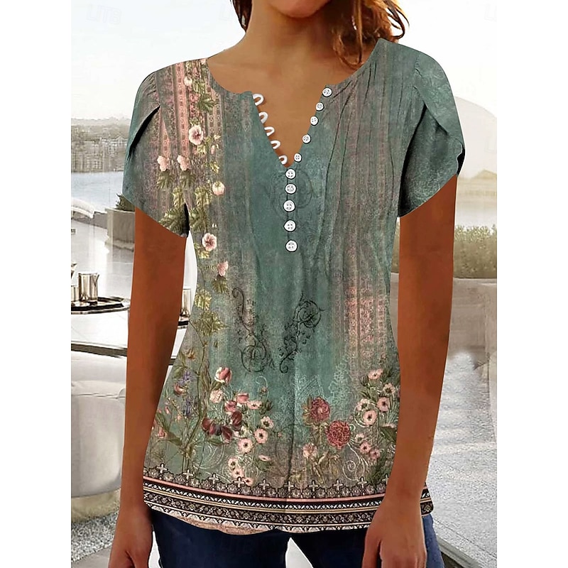Women's Boho Shirt Ombre Floral Graphic Bohemia Vintage Daily Sleeveless Short Sleeve Notched Neck Regular Tops Daily Holiday Vacation Wear Ruffle Smocked Sage Green Black Red Blue Purple Summer2