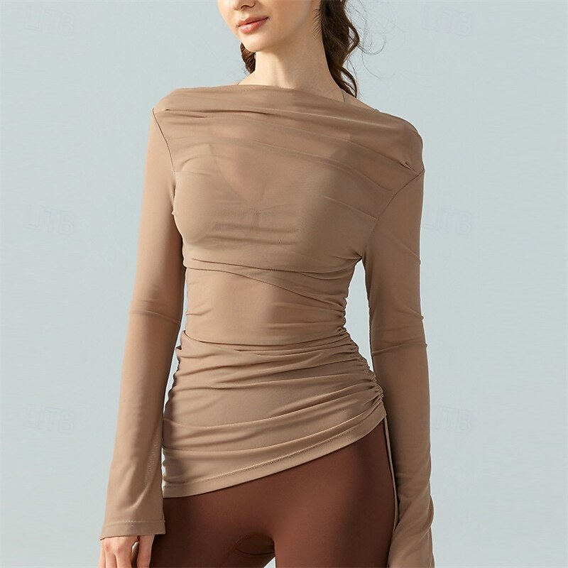 Women's Sports shirts Flat Neckline Stretchy Breathable Mesh Long Sleeve Sports Solid Color Top For Pilates Yoga Activewear3