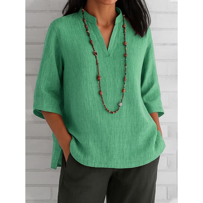 Women's Cotton Linen Shirts Solid Color Basic Casual 3/4 Length Sleeve V Neck Regular Tops Daily Red Blue Green Khaki Summer Spring3