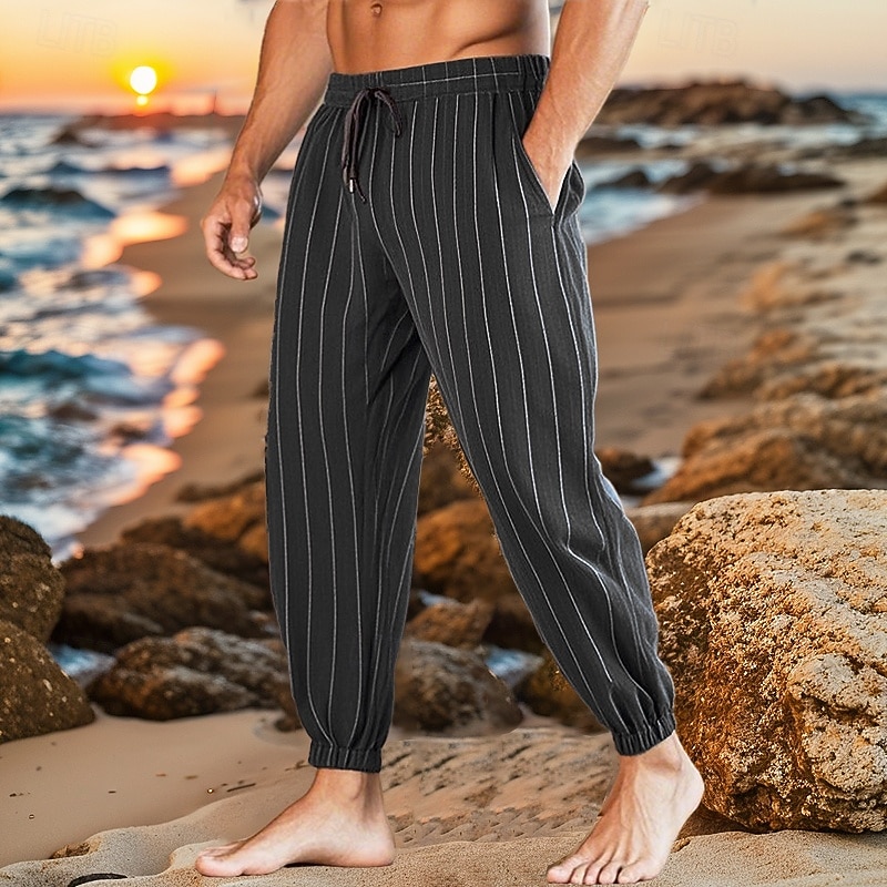 Men's Linen Pants Trousers Summer Pants Beach Pants Pocket Drawstring Elastic Waist Striped Comfort Breathable Vacation Daily Holiday Hawaiian Boho Black White3