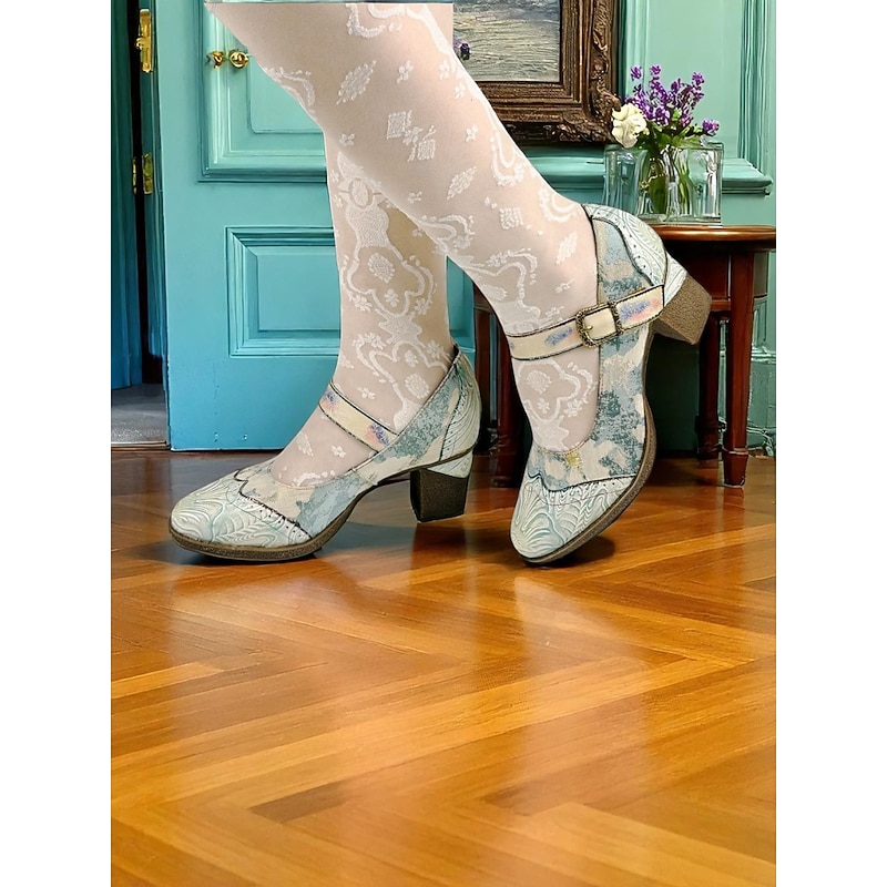 Women's Heels Pumps Handmade Shoes Vintage Gatsby Shoes Wedding Party Color Block Cone Heel Round Toe Elegant Vintage Gatsby Leather Buckle Light Blue