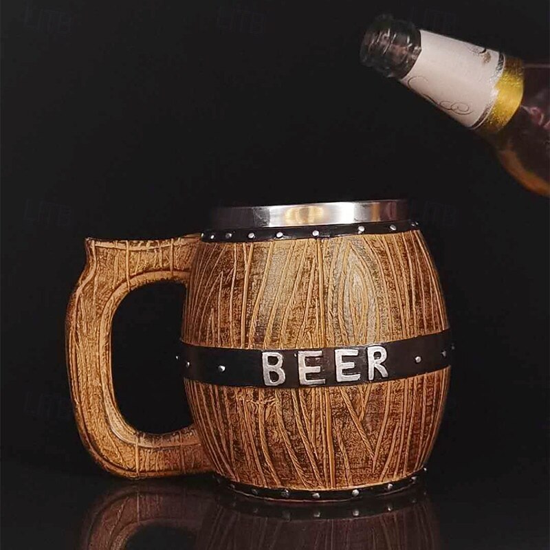 Vintage Wooden Barrel Beer Mug Oktoberfest Gift Mug with Stainless Steel Liner, Stein Large Capacity, Unique Rustic Beer Tankard for Bar Use3