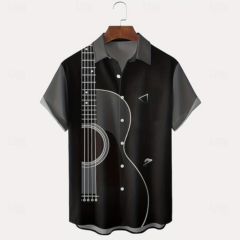 Men's Boardmasters Guitar Musical Instrument Shirt Summer Shirt Button Up Shirt Short Sleeve Fashion Casual Outdoor Vacation Dailywear Summer Spring Turndown 3D Print Collared Shirts Front One Pocket