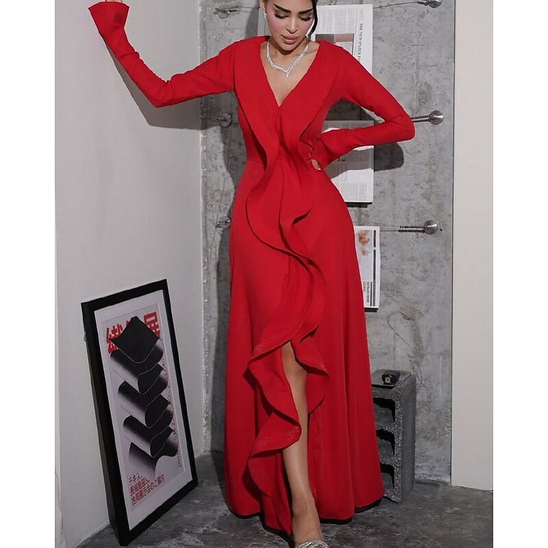 Mermaid / Trumpet Evening Gown Elegant Dress Formal Wedding Floor Length Long Sleeve V Neck Stretch Crepe with Ruffles