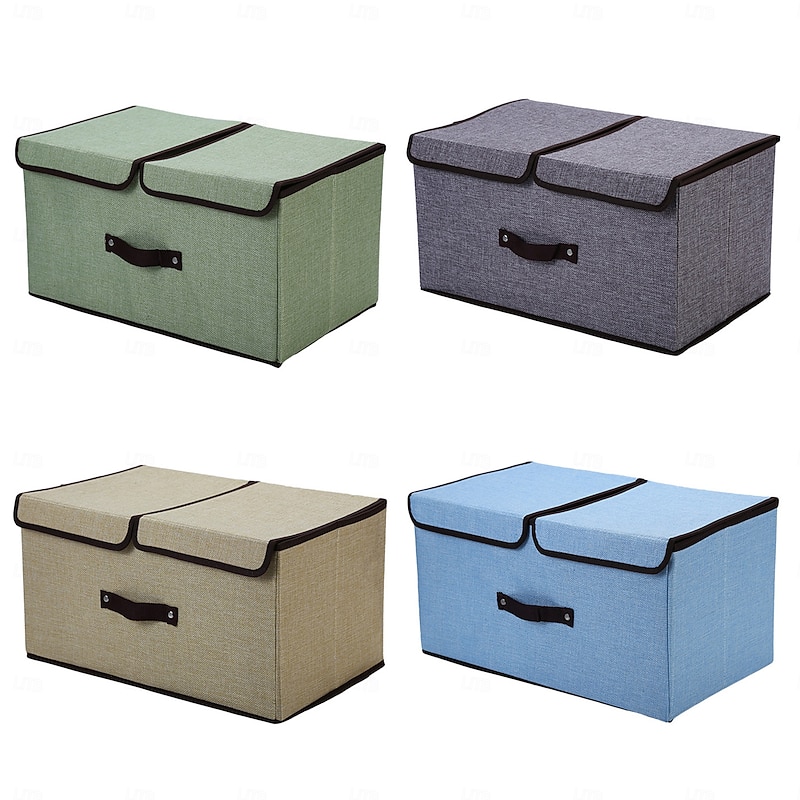 Foldable Cotton Linen Storage Box with Dual Lids, Fabric Organizer Bin for Closet, Dustproof Underwear & Miscellaneous Storage Container