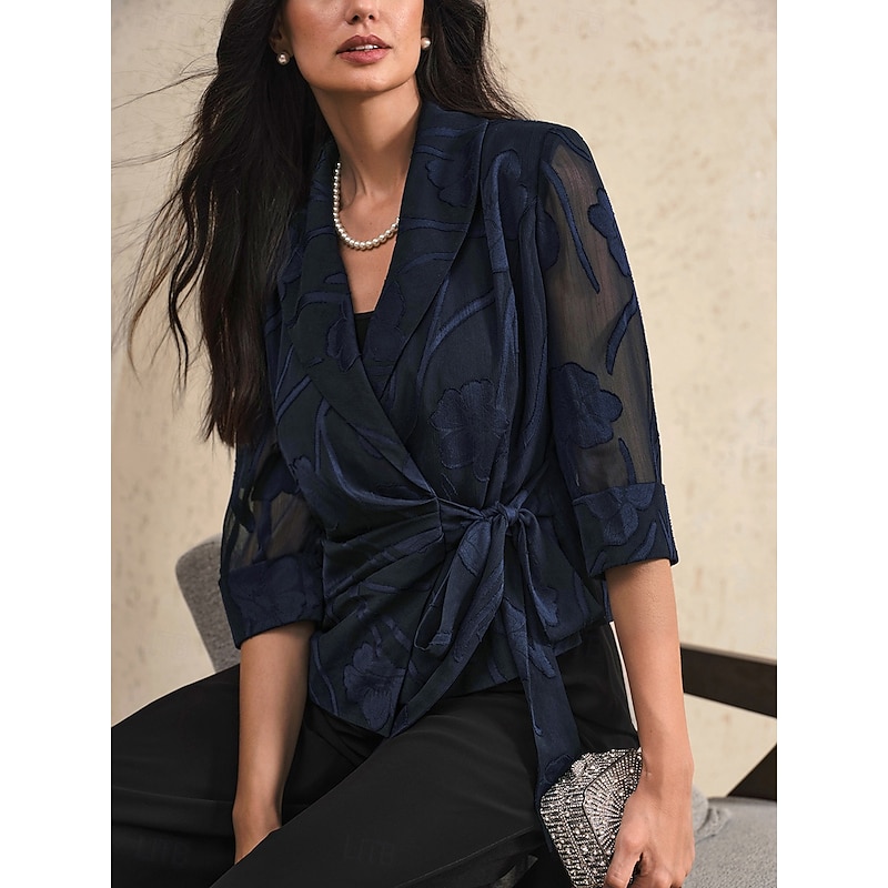 Women's Shirt Blouse Floral Elegant Stylish 3/4 Length Sleeve V Neck Regular Tops Work Daily Tie Front Dressy Tunic Asymmetric Navy Blue Summer Spring Fall