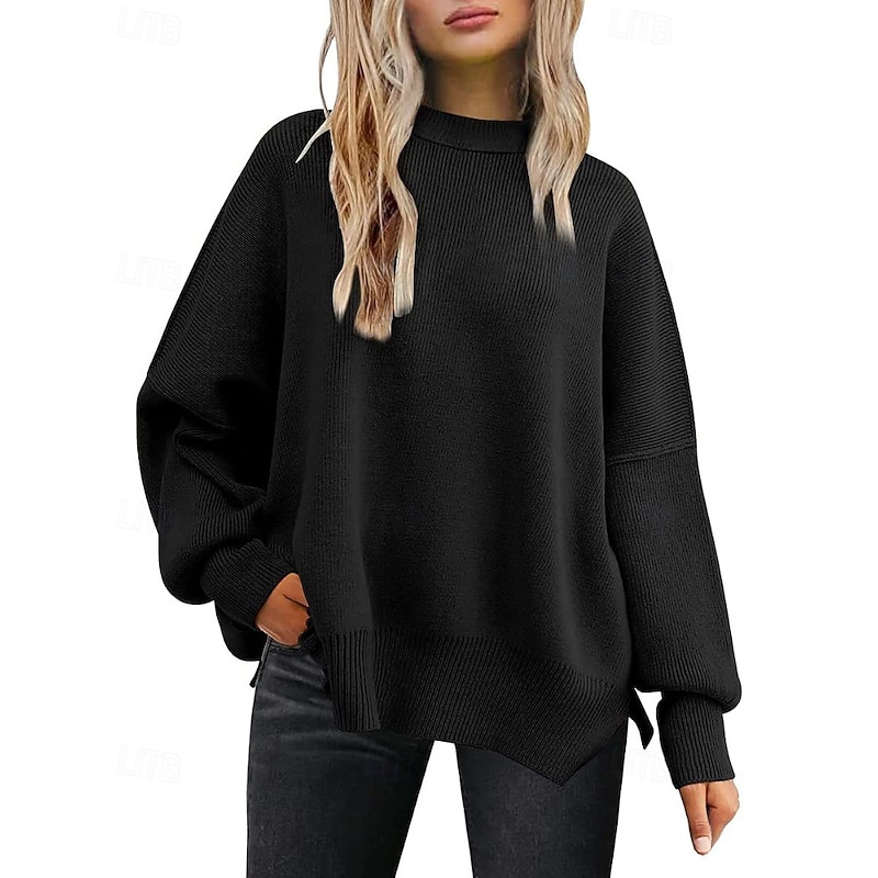 Women's Sweater Pullover Casual Solid Color Ribbed Crew Neck Knitted Long Sleeve Regular Tops Knit Going out Weekend Black White Fall3