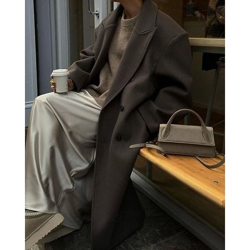 Women's Coat Warm Comfortable Pocket Buttons Fashion Plain Going out Weekend Double Breasted Long Turndown Regular Fit Long Sleeve Outerwear Coffee Fall Winter2