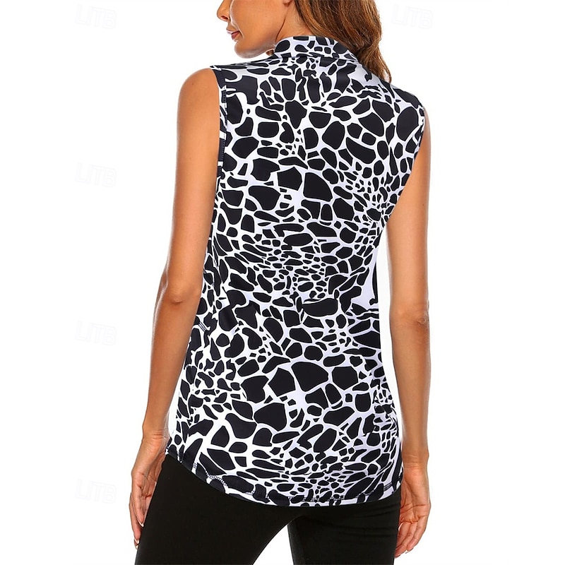 Women's Graphic Leopard Sport Shirt Golf Polo Shirt Tennis Shirt Sleeveless Zipper High Elasticity Moisture Wicking Breathable Tennis Golf Pickleball Turndown Zip Collar Shirt Top Black Tennis2