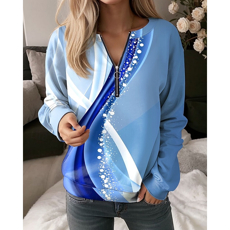 Women's Quarter Zipper Sweater Graphic Geometric Abstract Casual Long Sleeve Crew Neck Regular Tops Street Dailywear Half Print Pink Blue Purple Green Fall Winter