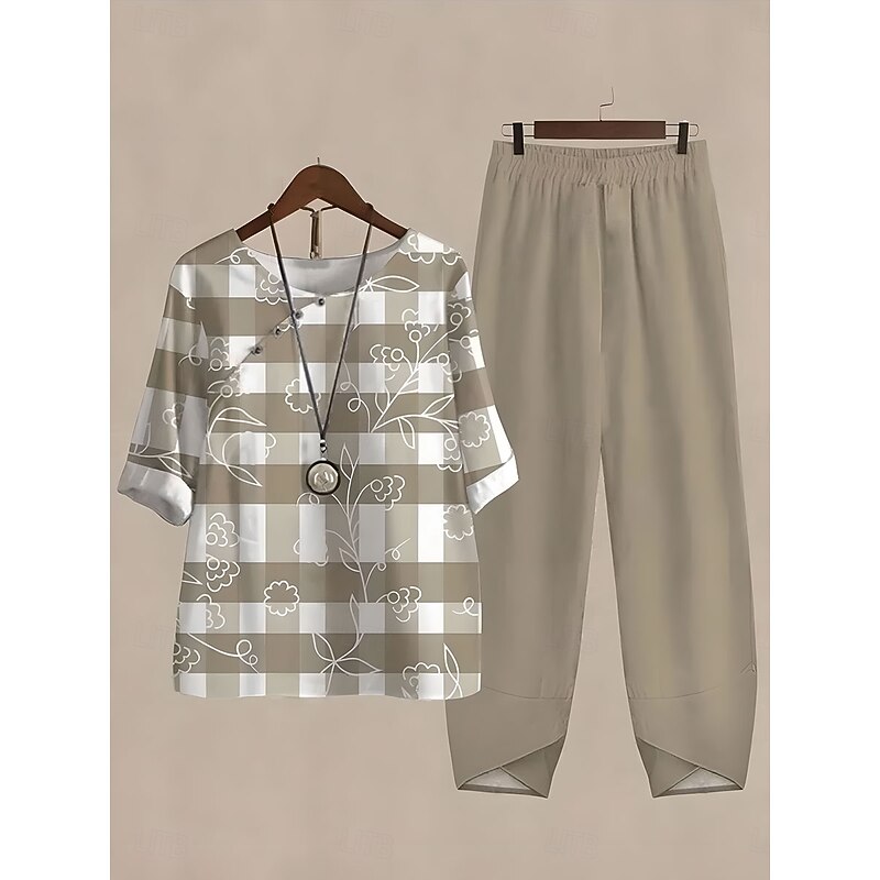 Women's Basic Shirt Pants Sets Half Sleeve Round Neck Floral Graphic Plant Print Outdoor Casual Daily Pink Blue Purple Summer Regular Fit4