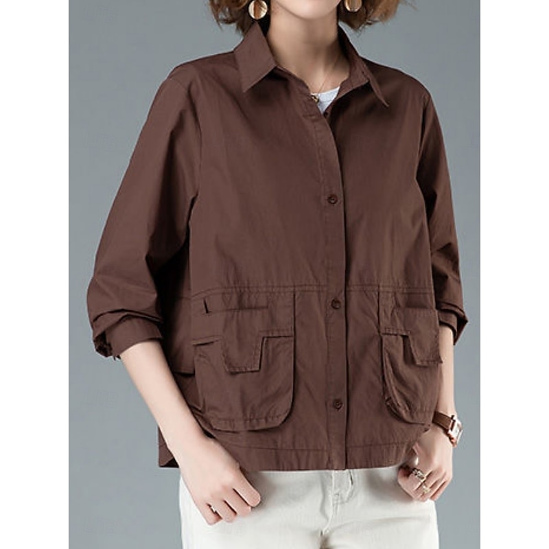 Women's Casual Jacket Comfortable Breathable Pocket Buttons Casual Plain Vacation Street Casual Daily Wear Single Breasted Short Turndown Regular Fit Long Sleeve Outerwear Black Orange Brown Summer4
