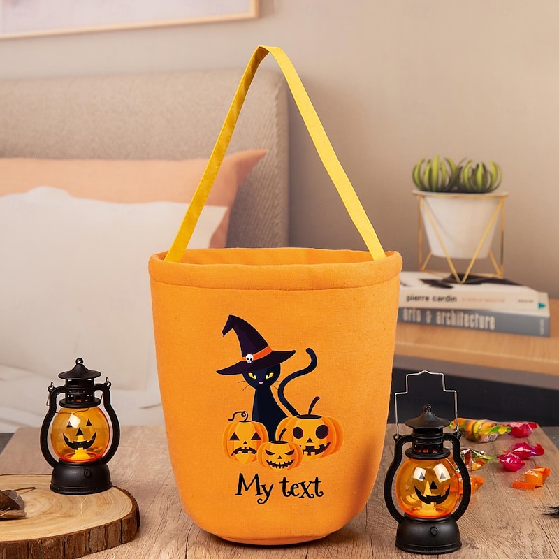 Personalized Name Halloween Treat Bag for Kids Custom Candy Tote Bag Basket for Trick or Treat with Cute Cat Pumpkin Design, Custom Text Gift for Children