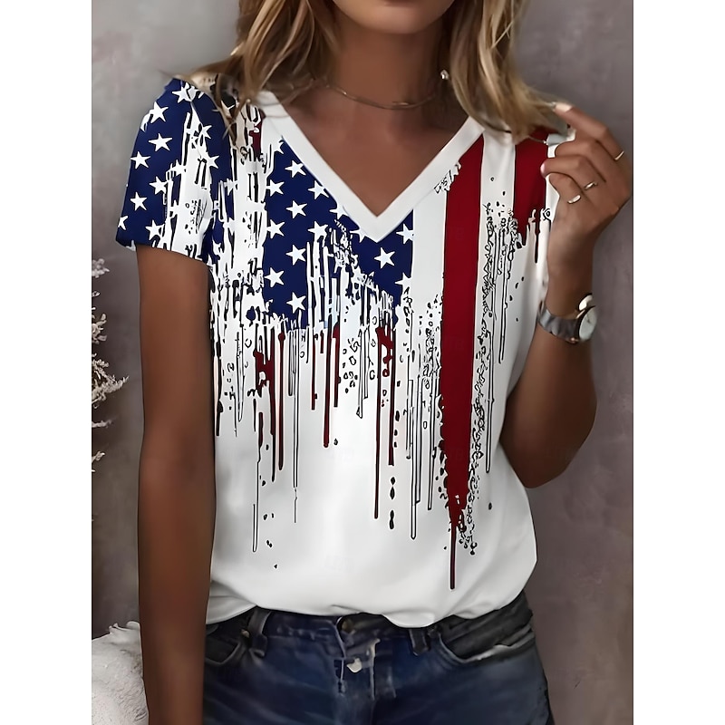 Women's Patriotic  T Shirt Graphic American Flag Vintage Stylish Classic Short Sleeve V Neck Regular Tops Daily Print White Summer Spring
