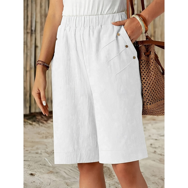 Women's Chinos Shorts Fashion Streetwear Basic Knee Length High Waist Plain Pocket Elastic Waistband Comfy Soft Comfortable Micro-elastic Outdoor Street Dark-Gray Navy Black White Summer Spring Loose2