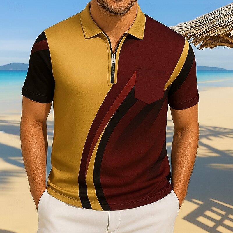 Men's Polo Vacation Casual Daily Lapel Short Sleeve Hawaiian Leisure Geometic Line Zipper Summer Blue Gold Polo
