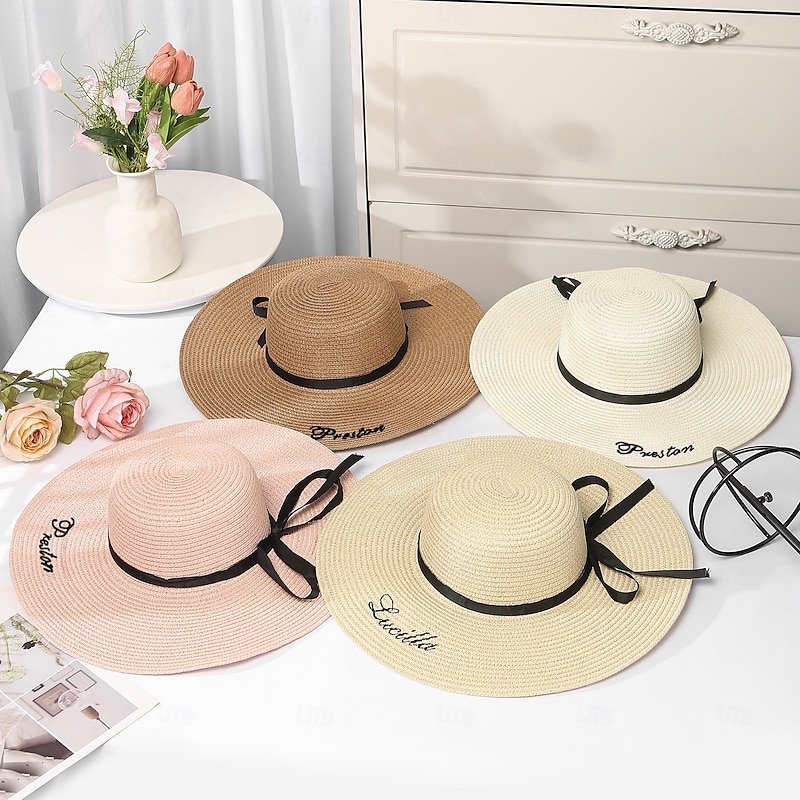 Personalized Embroidered Sun Hat with Custom Name, Foldable Beach Hat for Women, Customizable Vacation Gift for Mom, Wife, Girlfriend, Windproof Wide Brim Hat