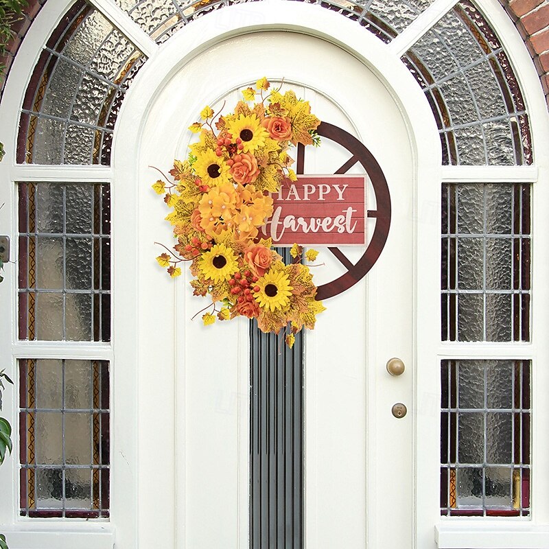 Fall Wreath for Front Door Thanksgiving Harvest Indoor Outdoor Decoration, Maple Leaf Sunflower Wagon Wheel Hanging Wreath for Porch and Home Decor3