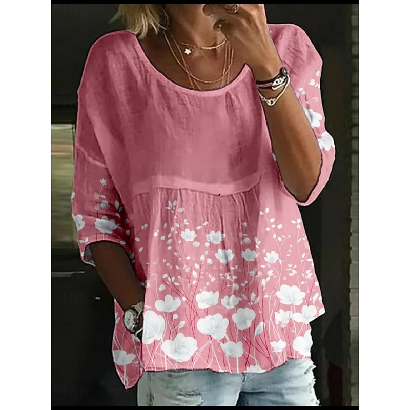 Women's Blouse Floral Stylish 3/4 Length Sleeve Crew Neck Regular Tops Daily Holiday Print Pink Blue Green Rose Pink Summer3