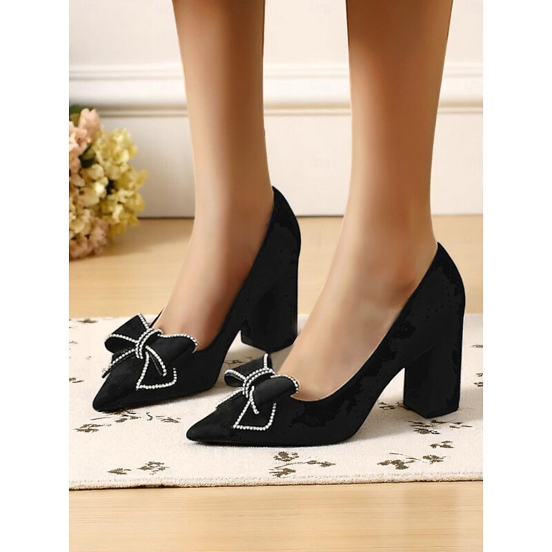 Women's Black Suede Block Heel Pumps, Pointed Toe Slip-On Dress Shoes with Rhinestone Bow, Elegant and Comfortable for Casual Dates and Everyday Outfits