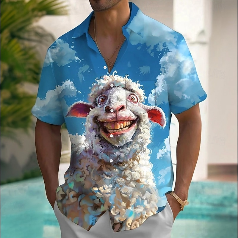 Men's Animal Sheep Funny Summer Hawaiian Shirt Button Up Shirt Aloha Shirt Short Sleeve Hawaiian Holiday Beach Wear Summer Spring Turndown 3D Print Collared Shirts Front One Pocket Blue Orange Dark