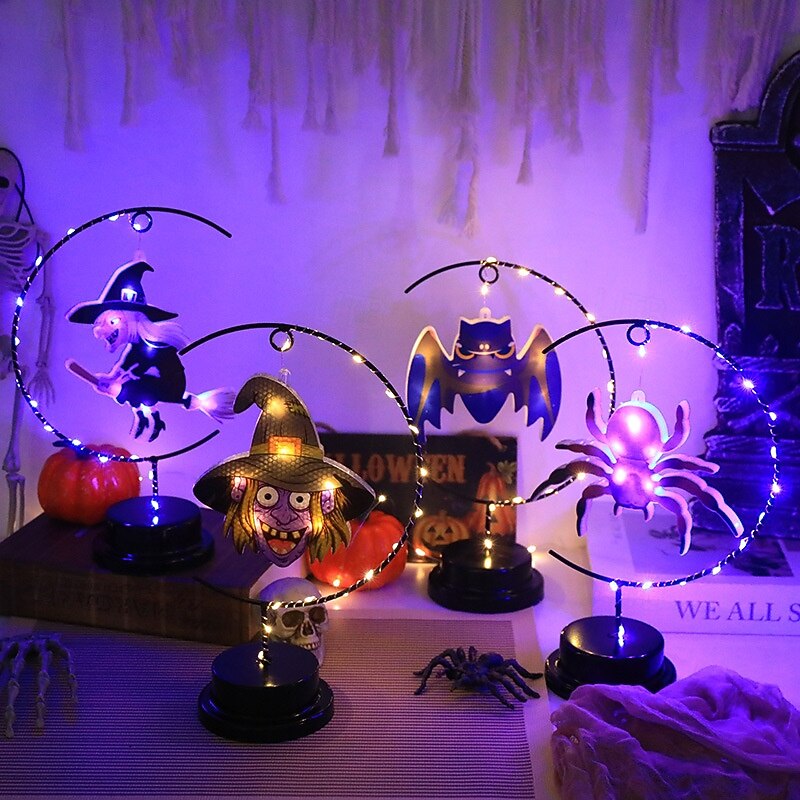 1 Pc Halloween Decorative Light Iron Spider Witch Bat Copper Wire Light Indoor Restaurant Halloween Party Atmosphere Decorative Light AAA Battery Box