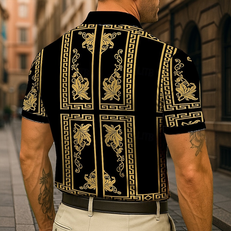 Men's Graphic Polo Short Sleeves Lapel Ethnic Casual Daily Athleisure Casual Daily Buttons Vintage Summer Black2