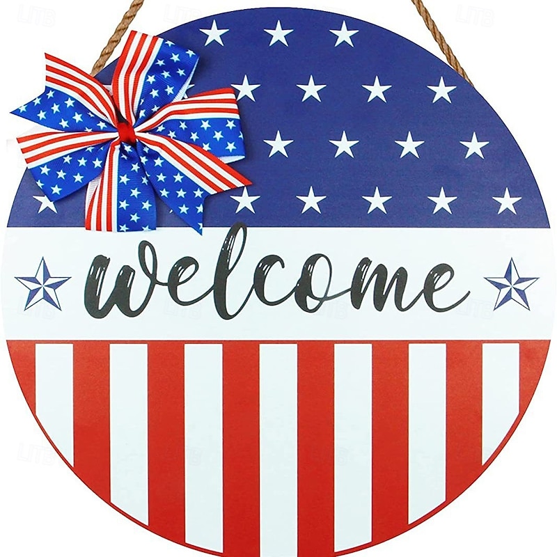 Patriotic Welcome Sign for Front Door 4th of July Independence Day Wreath Decorations  Outdoor Door Hanger for Porch, Wall, Window 12