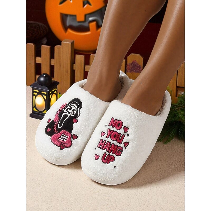 Women's Halloween Ghost Face Fuzzy Slippers - Cozy Embroidered Horror House Shoes with "No You Hang Up" Design for Spooky Season,Parties,and Loungewear3