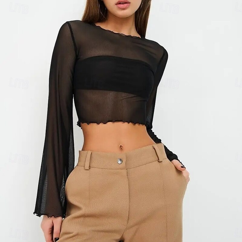 Retro Vintage 1970s Groovy Crop Top Bell Sleeve Disco Mesh Round Neck Fancy Dress Women's Halloween Carnival Music Festival Retro Theme Party Adults' Top