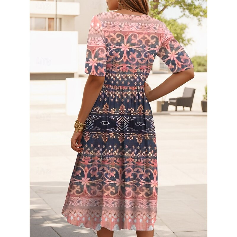 Women's Midi Dress Summer Dress Pleated Dress Vacation Casual Holiday Regular Fit Graphic Geometric Half Sleeve Crew Neck Pink Blue Purple Green Summer Spring Fall2