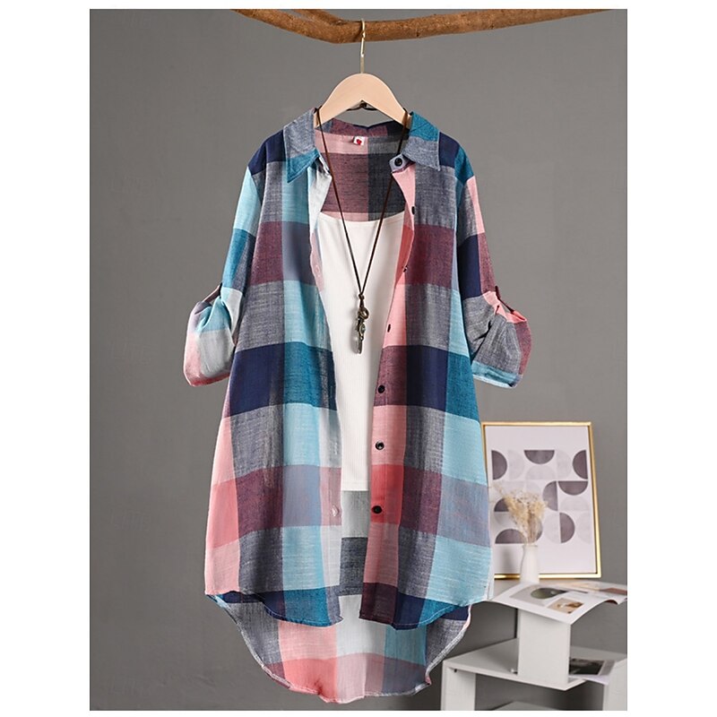 Women's Shacket Comfortable Breathable Buttons Print Casual Plaid Vacation Street Casual Daily Wear Single Breasted Long Turndown Regular Fit Long Sleeve Outerwear Black And White Red Blue Spring Fall2