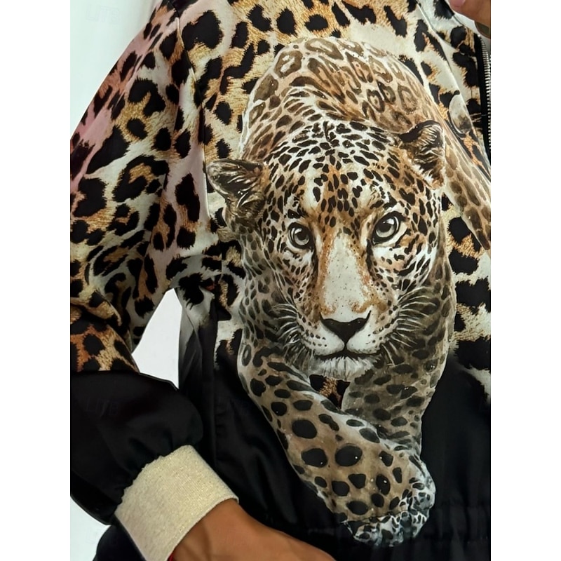 Women's Bomber Jacket Comfortable Breathable Zipper Print Casual Leopard Vacation Street Casual Daily Wear Zipper Regular Stand Collar Regular Fit Long Sleeve Outerwear Black White Pink Summer Spring3