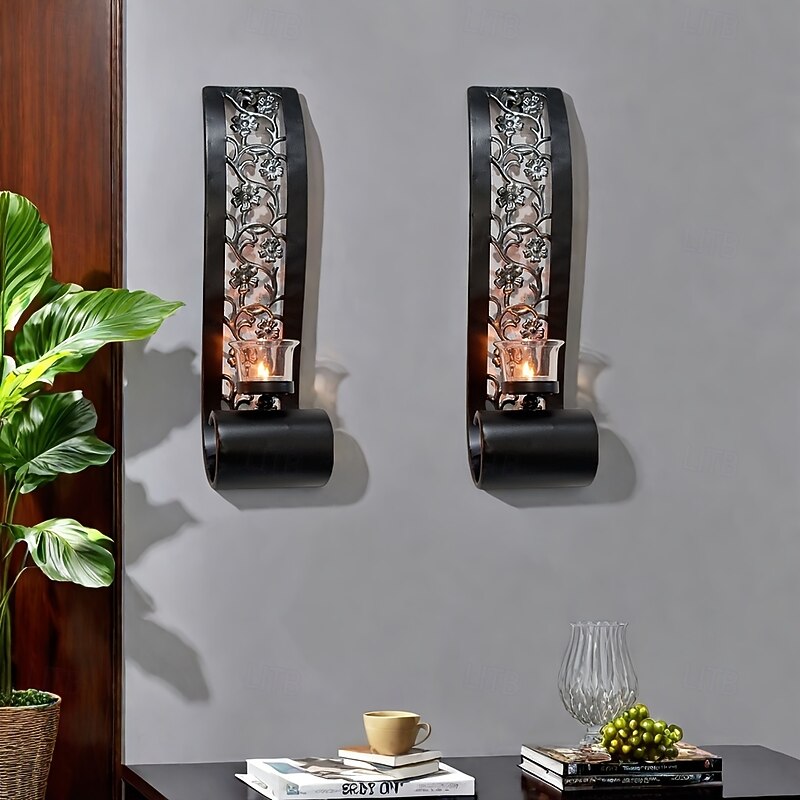 Industrial Black Metal Wall Lamp Set of 2 - 15.8 Inch Vintage Candle Holder Suitable for Gothic Bathroom Decoration Medieval Restaurant Lighting Country Fireplace Mantel Accessories Halloween Chri