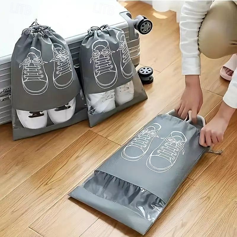 10-Pack Travel Shoe Storage Bags, Non-Woven Dustproof Shoe Organizers with Drawstring Closure, Transparent Window and White Shoe Print Design2