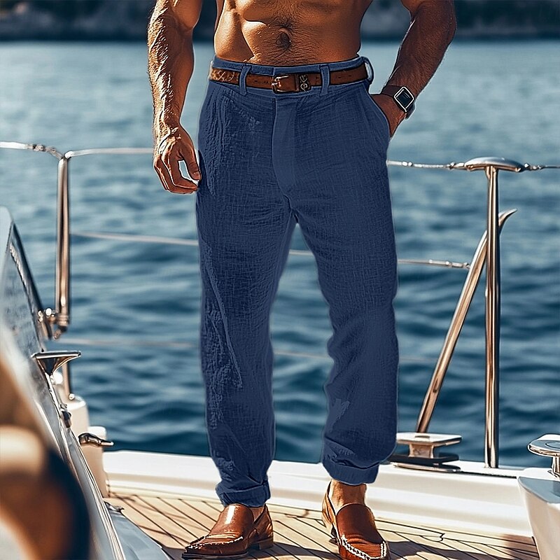 Men's Linen Pants Trousers Summer Pants Baggy Pants Straight Leg Plain Comfort Breathable Full Length Casual Daily Holiday Vacation Fashion Black White4